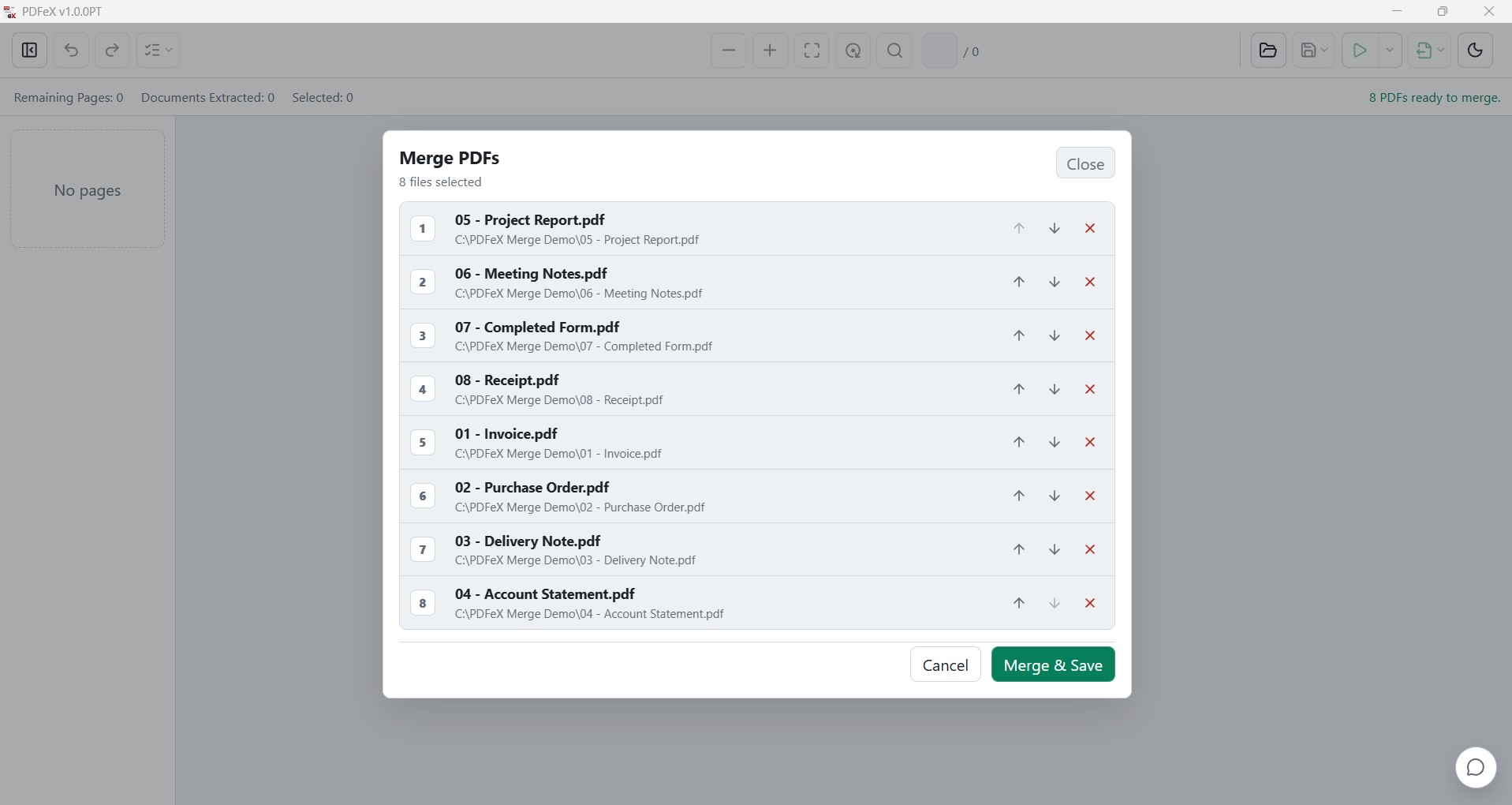 PDFeX merge window for reviewing and arranging PDF files