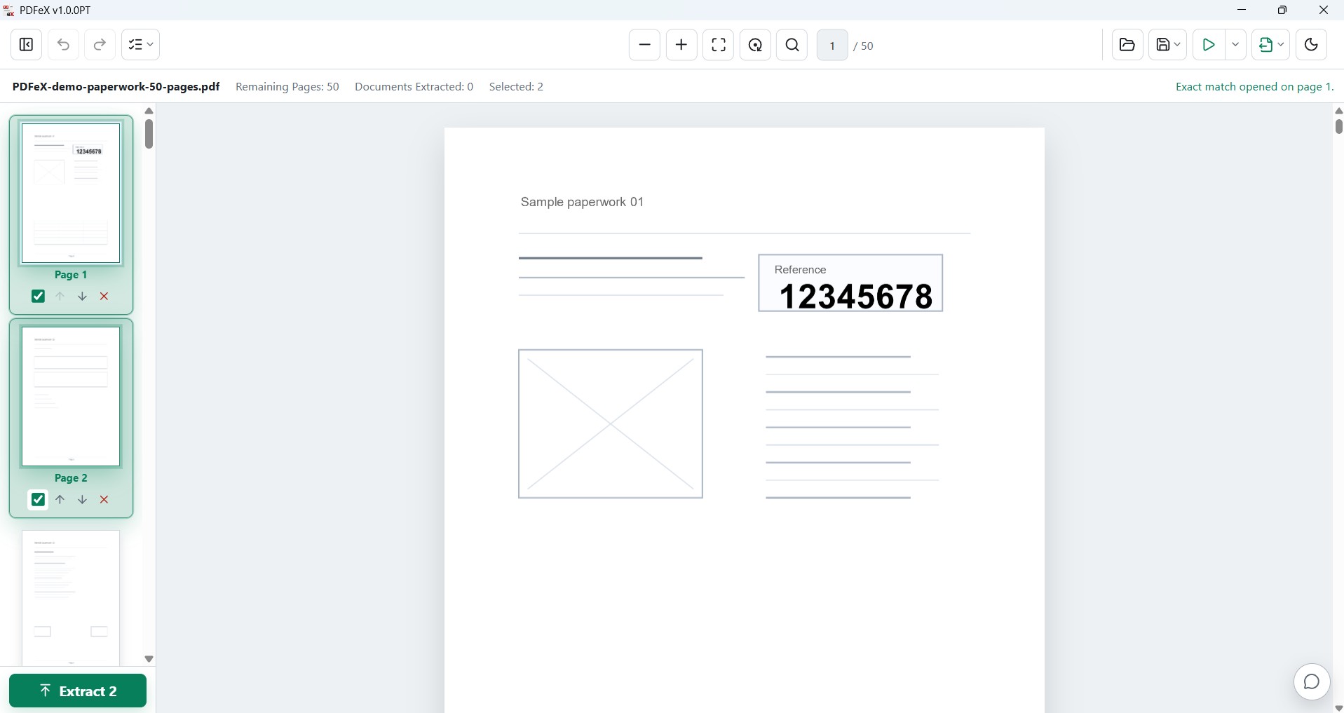 PDFeX with selected pages ready to reorder, delete or extract